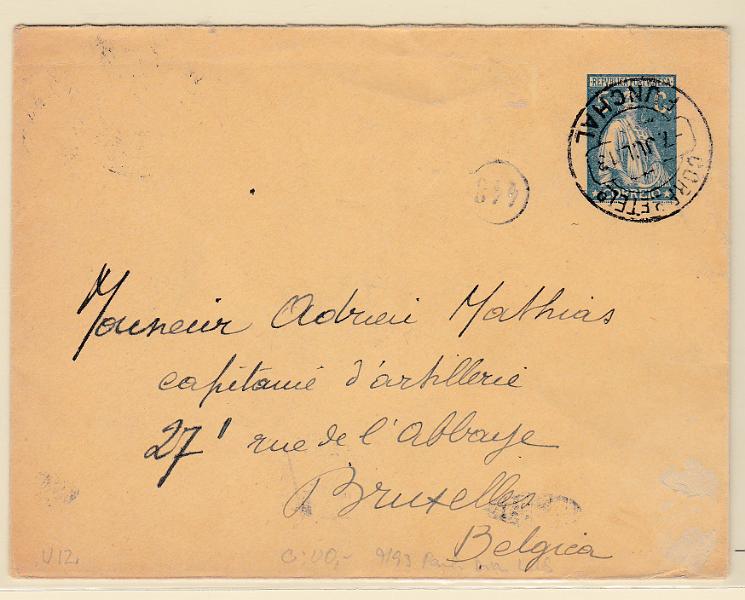 0277.jpg -     Lote:    277            Portugal       Descrição:         1912 &mdash; Ceres. Sobrescritos. OM12, 5C azul escuro sobre papel camurça rosado, corte II. Circulado do Funchal (07.07.13) para a Bélgica (12.07.13). Apenas emitidos 42.000 exemplares.        IC       Valor Base:     &euro; 25,00     Valor Venda:     &euro; 25,00       