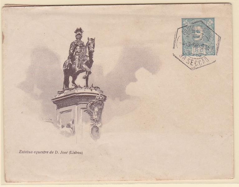 0278.jpg -     Lote:    278            Portugal       Descrição:         1908 &mdash; D. Carlos I Mouchon. Sobrescritos Particulares. Desenhos de Roque Gameiro. OM2, 25 reis &mdash; C (Estátua Equestre de D. José). Sobrescrito com carimbo de favor e folha interior com a publicidade.        IN       Valor Base:     &euro; 30,00     Valor Venda:     &euro; 40,00       