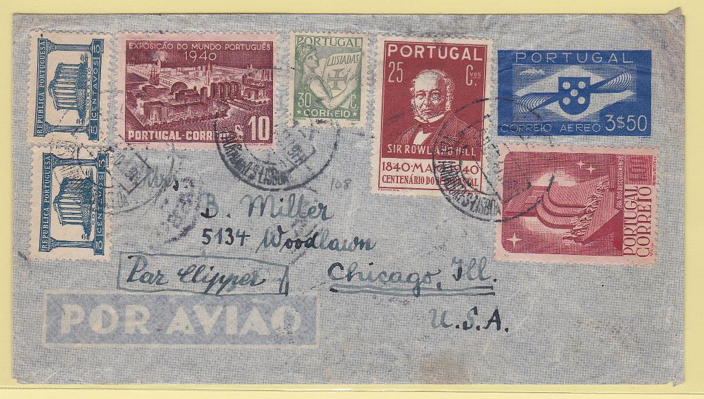 0281.jpg -     Lote:    281            Portugal       Descrição:         1939 &mdash; Tipo Hélice. Sobrescritos de Correio Aéreo. OM2, 3$50 azul. Sobrescrito circulado do Lisboa (05.12.40) para os EUA com selos adicionais de 30c CE544, 2x5c CE566, $10 e 1$00 CE 591 e 597 + 25C CE600.        IC       Valor Base:     &euro; 25,00     Valor Venda:     &euro; 36,00       