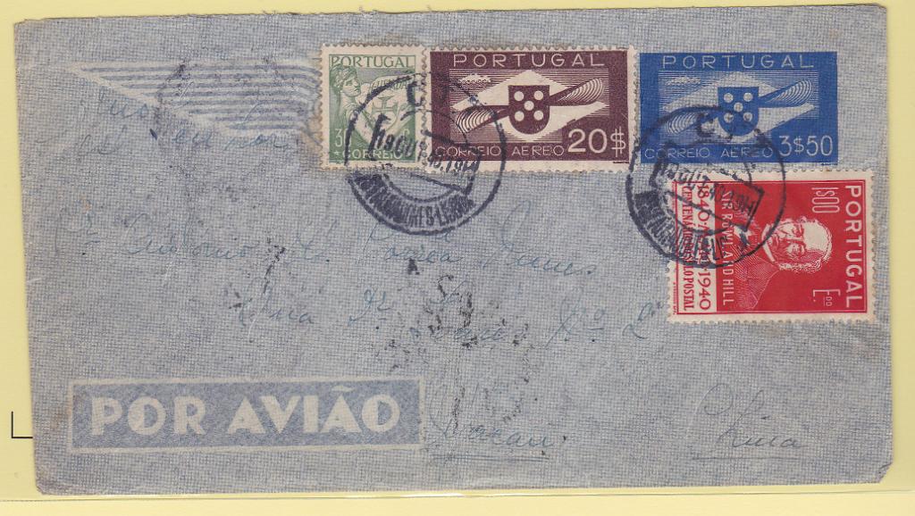 0283.jpg -     Lote:    283            Portugal       Descrição:         1939 &mdash; Tipo Hélice. Sobrescritos de Correio Aéreo. OM1, 3$50 azul. Sobrescrito circulado de Lisboa (19.10.40) para Macau, com selos adicionais de 30c CE544, 1$00 CE605 e 20$00 CE CA9. MB        IC       Valor Base:     &euro; 30,00     Valor Venda:     &euro; 65,00       