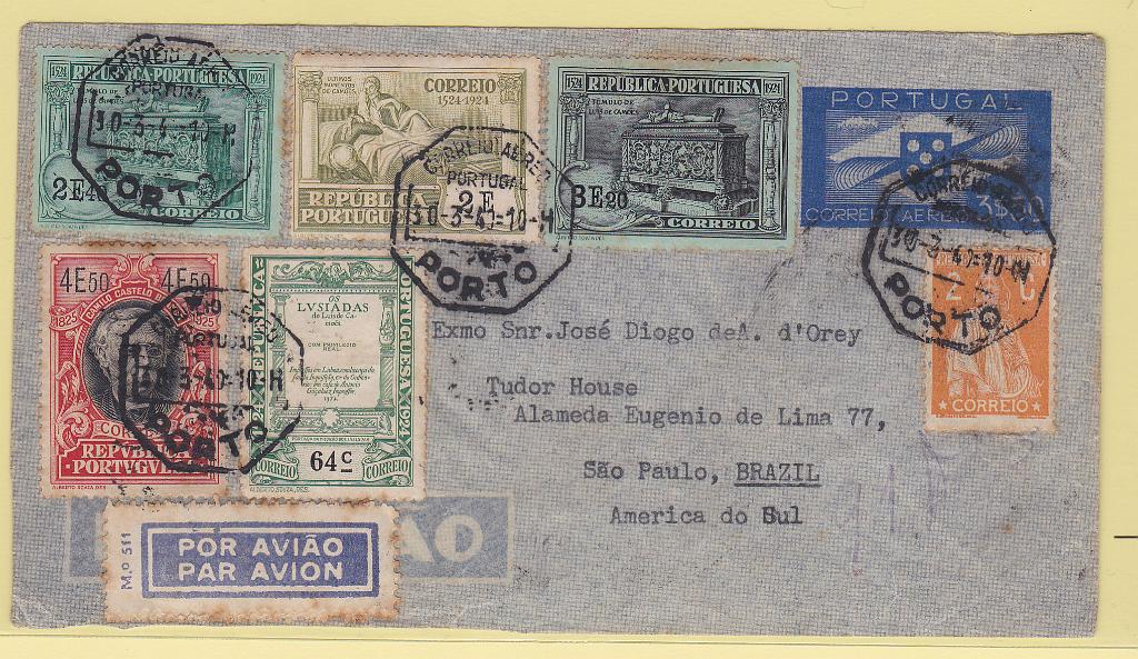 0284.jpg -     Lote:    284            Portugal       Descrição:         1939 &mdash; Tipo Hélice. Sobrescritos de Correio Aéreo. OM2, 3$50 azul. Sobrescrito circulado do Porto (30.03.40) para o Brasil (03.04.40) com selos adicionais tipo Centenário do nascimento de Luís de Camoes de 64c, 2E, 2E40, 3E20 e 4$50 + Ceres de 2C, CE315, 323, 324, 326, 327 e 223. B e R.        IC       Valor Base:     &euro; 25,00     Valor Venda:     &euro; 110,00       