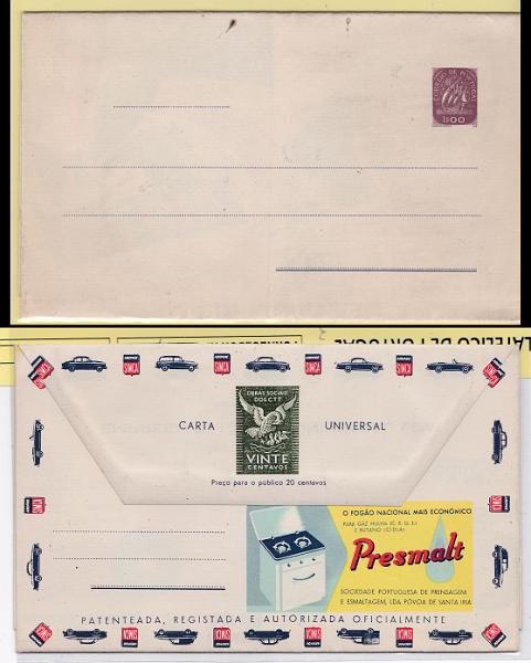 0285.jpg -     Lote:    285            Portugal       Descrição:         1955/57 &mdash; Carta Universal. Selo tipo Caravela. Bilhetes-cartas particulares. OM4, 1$00 violeta-vermelho, série A-6. Tiragem de 5.000 exemplares. Novo.        IN       Valor Base:     &euro; 30,00     Valor Venda:     &euro; 60,00       