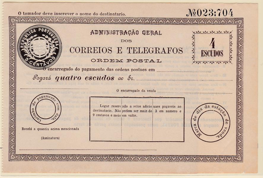 0286.jpg -     Lote:    286            Portugal       Descrição:         "ORDEM POSTAL" dos Correios (Modelo nº 6), com o valor de "4 Escudos" e STO circular à esquerda com o valor de 3 Cent. e armas da República, em relevo. Utilizado entre 1911 e 1923. Novo, com os dois canhotos. MR.        IN       Valor Base:     &euro; 100,00     Valor Venda:     Retirado     