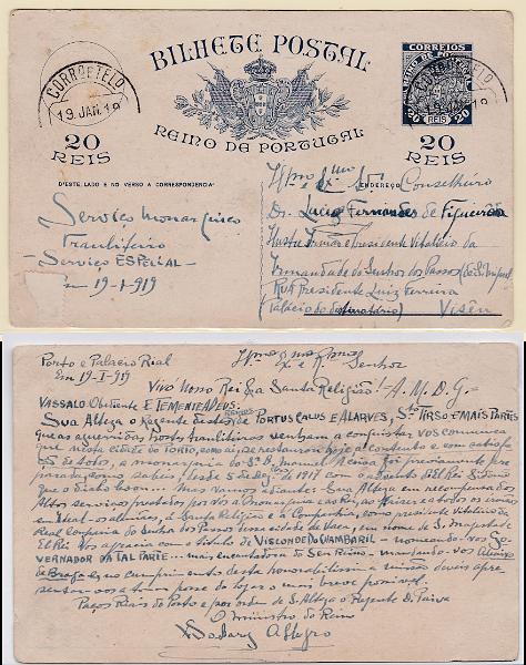 0288.jpg -     Lote:    288            Portugal       Descrição:         1919 &mdash; Monarquia do Norte. NÃO EMITIDOS. OM NE1, 20 reis. Inteiro com obliteração parcial, provavelmente de Viseu, presumivelmente não circulado, com texto satírico de republicano, sobre o movimento revolucionário monárquico.        IC       Valor Base:     &euro; 15,00     Valor Venda:     &euro; 15,00       