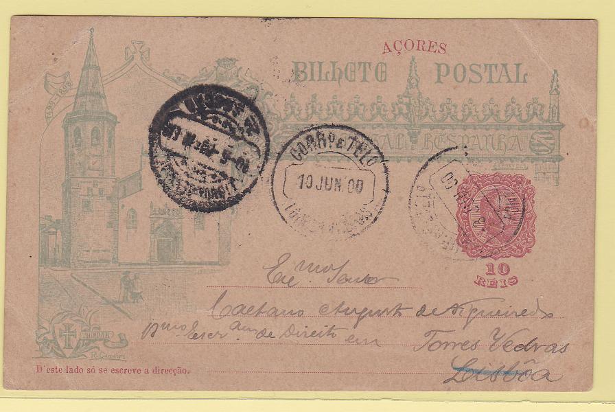 0290.jpg -     Lote:    290            Açores       Descrição:         1898 &mdash; 4.º Centenário do Descobrimento do Caminho Marítimo para a Índia. OM20A. 10 reis. Circulado de Ponta Delgada (03.06.00) para Torres Vedras (10.06.00).        IC       Valor Base:     &euro; 8,00     Valor Venda:     Retirado     