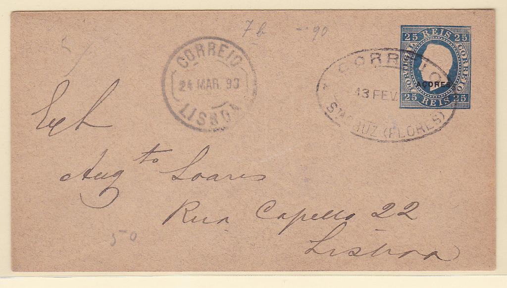 0291.jpg -     Lote:    291            Açores       Descrição:         1879 &mdash; D. Luís I. Fita direita. Impressão em relevo. Com sobrecarga AÇORES, tipo IV. OM3, 25 reis, formato médio. Circulado de Santa Cruz (13.02.90) para Lisboa (24.03.90). B.        IC       Valor Base:     &euro; 15,00     Valor Venda:     Retirado     