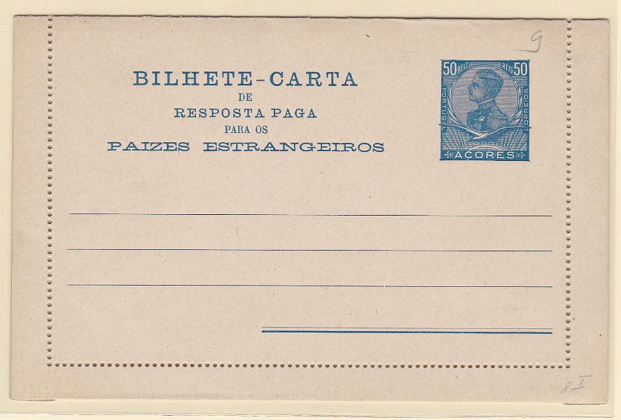 0292.jpg -     Lote:    292            Açores       Descrição:         1910 &mdash; D. Manuel II. Bilhetes-cartas. NÃO EMITIDO. Inteiro de 50+50 reis em azul. Foi fabricado mas não emitido de acordo com Oliveira Marques. MR.        IN       Valor Base:     &euro; 40,00     Valor Venda:     &euro; 40,00       