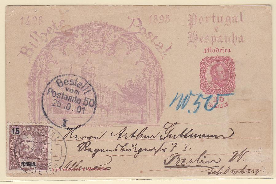 0293.jpg -     Lote:    293            Madeira       Descrição:         1898 &mdash; 4.º Centenário do Descobrimento do Caminho Marítimo para a Índia. Emissão para a Madeira. OM8, 10 reis. Circulado do Funchal (14.10.01) para Berlim, com selo adicional de 15 reis D. Carlos I emissão do Funchal.        IC       Valor Base:     &euro; 25,00     Valor Venda:     Retirado     