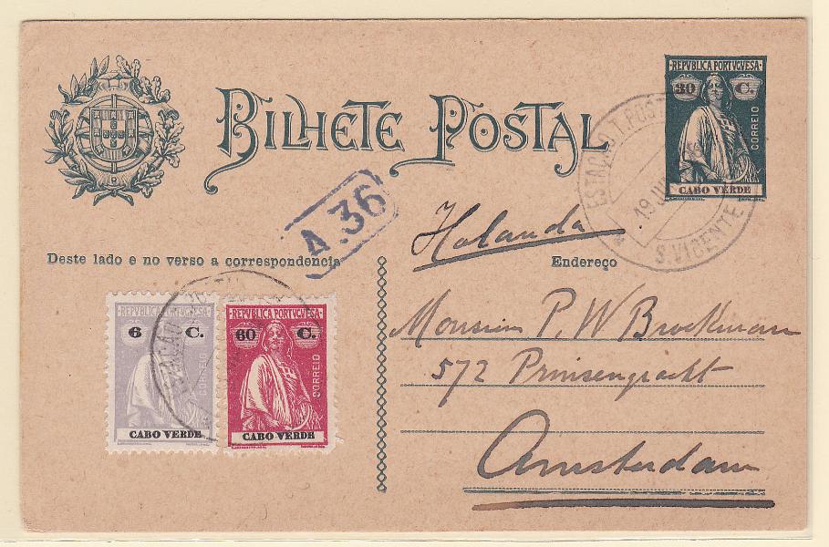 0294.jpg -     Lote:    294            Cabo Verde       Descrição:         1926 &mdash; Ceres. OM19, 30C. Circulado de S. Vicente (19.06.26) para a Holanda com selos adicionais de 6C CE174 e 60C CE193. B.        IC       Valor Base:     &euro; 30,00     Valor Venda:     Retirado     