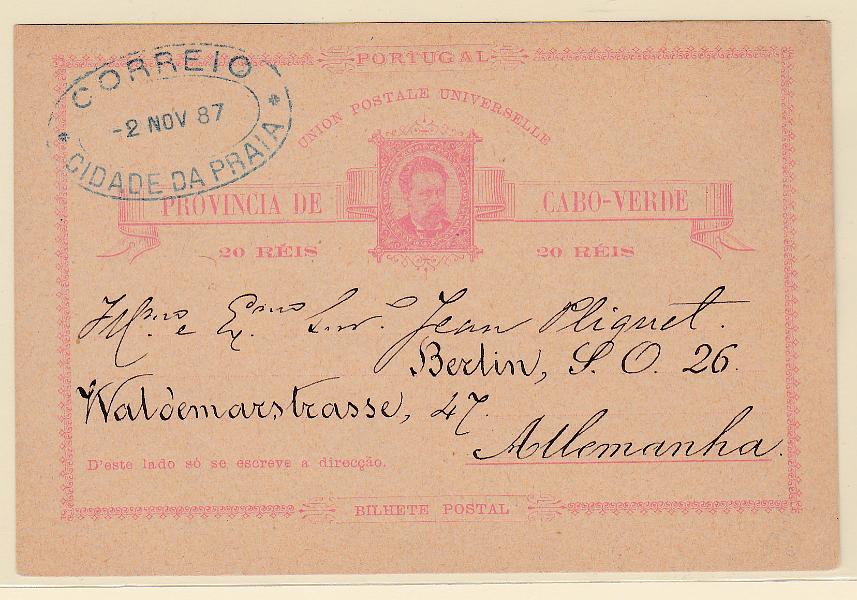 0295.jpg -     Lote:    295            Cabo Verde       Descrição:         1885 &mdash; D. Luís I. OM2, 20 reis, tipo B. Circulado da Cidade da Praia (02.11.87) para a Alemanha. Carimbo de dupla oval batido a azul "CORREIO / CIDADE DA PRAIA". MB.        IC       Valor Base:     &euro; 20,00     Valor Venda:     &euro; 28,00       