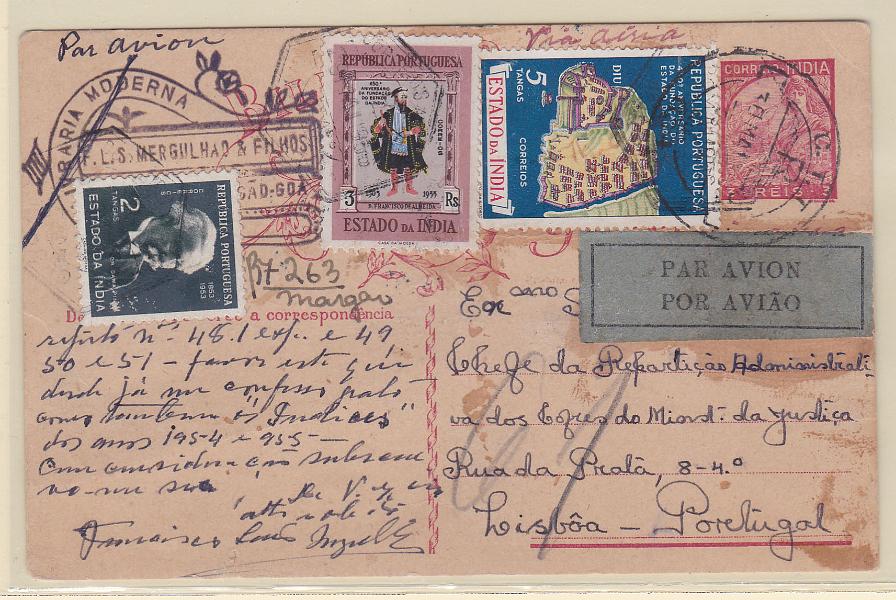 0296.jpg -     Lote:    296            Índia       Descrição:         1934 &mdash; Lusíadas. OM39, 3 reis. Circulado registado por via aérea de Margão (30.0556) para Lisboa, com selos adicionais de 3 reis CE441, 2T CE436 e 5T CE456. B e R.        IC       Valor Base:     &euro; 20,00     Valor Venda:     &euro; 20,00       