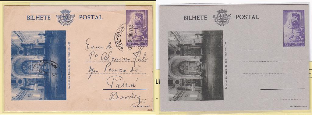 0297.jpg -     Lote:    297            Índia       Descrição:         1946 &mdash; Motivos Históricos. Lote de dois IPs: OM41, 7 reis, tipo C, cartolina creme, gravura a azul circulado de Goa para Mapuça + OM42, 9 reis castanho-laranja, tipo C, cartolina cinzenta, gravura verde-negro. Novo.        IC/IN       Valor Base:     &euro; 16,00     Valor Venda:     Retirado     
