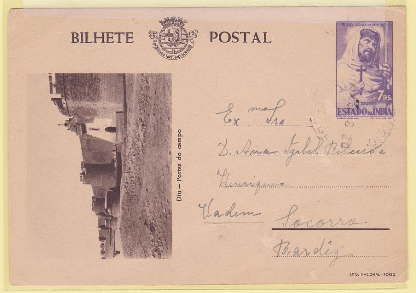 0298.jpg -     Lote:    298            Índia       Descrição:         1946 &mdash; Motivos Históricos. OM41, 7 reis lilás, tipo A, cartolina creme, gravura sépia. Circulado para Bardez, com trânsito por Porvorim (17.02.58).        IC       Valor Base:     &euro; 10,00     Valor Venda:     Retirado     