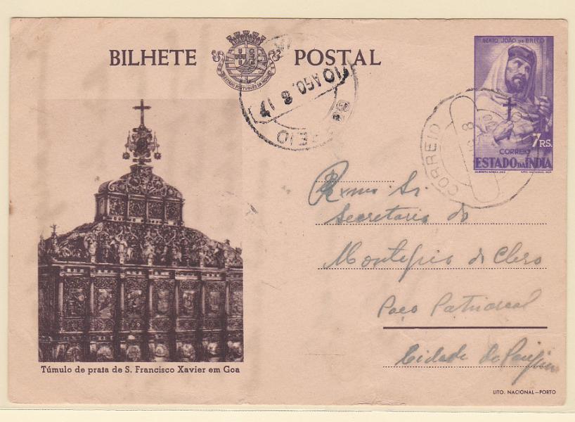 0299.jpg -     Lote:    299            Índia       Descrição:         1946 &mdash; Motivos Históricos. OM41, 7 reis lilás, tipo G, cartolina creme, gravura sépia. Circulado para Goa (10.05.58).        IC       Valor Base:     &euro; 10,00     Valor Venda:     Retirado     