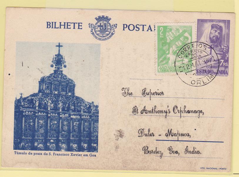0300.jpg -     Lote:    300            Índia       Descrição:         1946 &mdash; Motivos Históricos. OM41, 7 reis lilás, tipo G, cartolina branca, gravura a azul. Circulado de Orlim (12.05.51) para Bardez, com selo adicional CE408.        IC       Valor Base:     &euro; 12,00     Valor Venda:     Retirado     