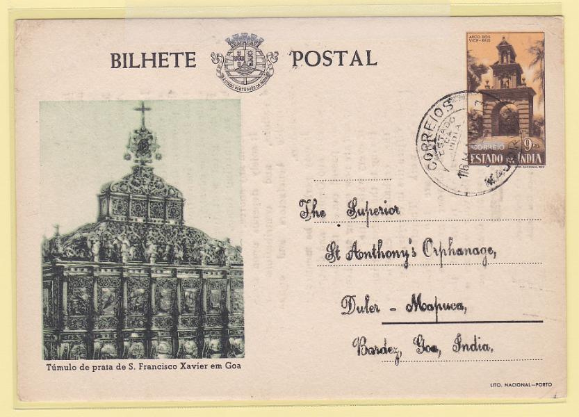 0305.jpg -     Lote:    305            Índia       Descrição:         1946 &mdash; Motivos Históricos. OM42, 9 reis castanho-laranja, tipo G, cartolina branca, gravura verde. Circulado de Majorda (16.05.51) para Bardez.        IC       Valor Base:     &euro; 10,00     Valor Venda:     &euro; 14,00       