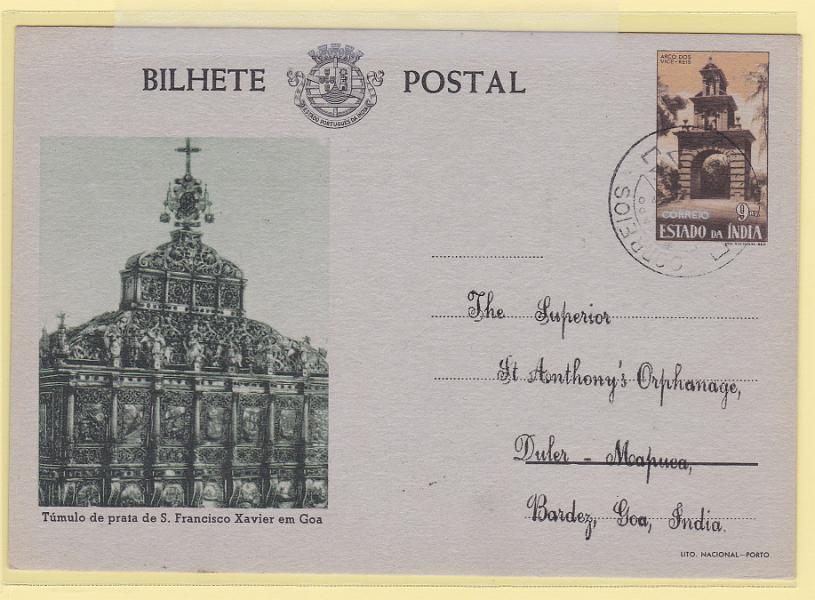 0306.jpg -     Lote:    306            Índia       Descrição:         1946 &mdash; Motivos Históricos. OM42, 9 reis castanho-laranja, tipo G, cartolina cinzenta, gravura verde. Circulado para Bardez.        IC       Valor Base:     &euro; 10,00     Valor Venda:     &euro; 14,00       