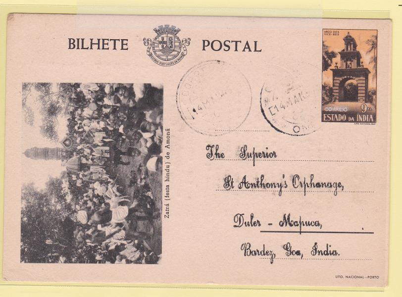 0308.jpg -     Lote:    308            Índia       Descrição:         1946 &mdash; Motivos Históricos. OM42, 9 reis castanho-laranja, tipo H, cartolina creme, gravura verde negro. Circulado para Bardez.        IC       Valor Base:     &euro; 10,00     Valor Venda:     &euro; 14,00       