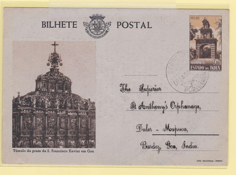 0310.jpg -     Lote:    310            Índia       Descrição:         1946 &mdash; Motivos Históricos. OM42, 9 reis castanho-laranja, tipo G, cartolina cinzenta, gravura sépia. Circulado para Bardez.        IC       Valor Base:     &euro; 12,00     Valor Venda:     &euro; 14,00       