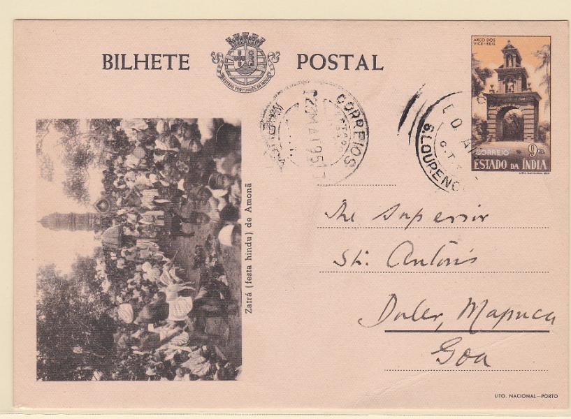 0312.jpg -     Lote:    312            Índia       Descrição:         1946 &mdash; Motivos Históricos. OM41, 7 reis lilás, tipo H, cartolina creme, gravura sépia. Circulado de S. Lourenço (20.05.51 (14.08.51) para Mapuça (23.05.51).        IC       Valor Base:     &euro; 10,00     Valor Venda:     &euro; 12,00       