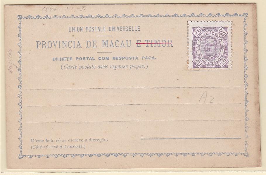 0316.jpg -     Lote:    316            Macau       Descrição:         1897 &mdash; Bilhetes Postais de resposta paga, fabrico local, com selo de D. Carlos I, tipo Diogo Neto colado. OM VI, tipo DB, 20+20 reis. Inteiro novo, completo (sem parêntesis antes de "Coté" na segunda folha.        IN       Valor Base:     &euro; 8,00     Valor Venda:     &euro; 14,00       