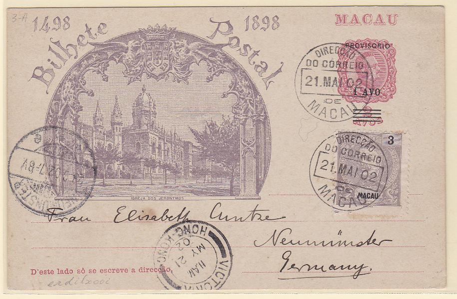 0317.jpg -     Lote:    317            Macau       Descrição:         1900 &mdash; 4.º Centenário do Descobrimento do Caminho Marítimo para a Índia, com sobrecarga "PROVISORIO" e sobretaxa. OM3A, 1 avo s/ 2 avos. Circulado com selo adicional de 3 avos CE82, de Macau (21.05.02) para a Alemanha, com trânsito por Hong Kong (21.05.02).        IC       Valor Base:     &euro; 25,00     Valor Venda:     &euro; 110,00       