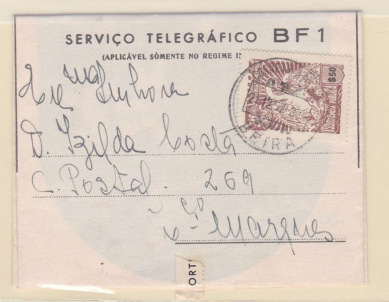 0327.jpg -     Lote:    327            Moçambique       Descrição:         1957 &mdash; Impressos de Telegramas Directos e Autógrafos. Emissões CTTU, usado em Moçambique. OM20 circulado da Beira (21.12.57) para L. Marques, com selo adicional da Assistência Pública, tipo Pelicano, de $50 CE56. R e MB.        IC       Valor Base:     &euro; 15,00     Valor Venda:     &euro; 16,00       