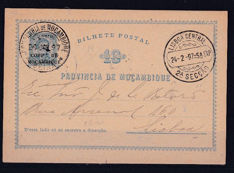 0329.jpg -     Lote:    329            Companhia de Moçambique       Descrição:         1892 &mdash; D. Luís I de Moçambique com sobrecarga "COMP.ª DE / MOÇAMBIQUE". OM1, 10 reis circulado da Beira (20.01.97) para Lisboa (24.02.97).        IC       Valor Base:     &euro; 10,00     Valor Venda:     &euro; 22,00       