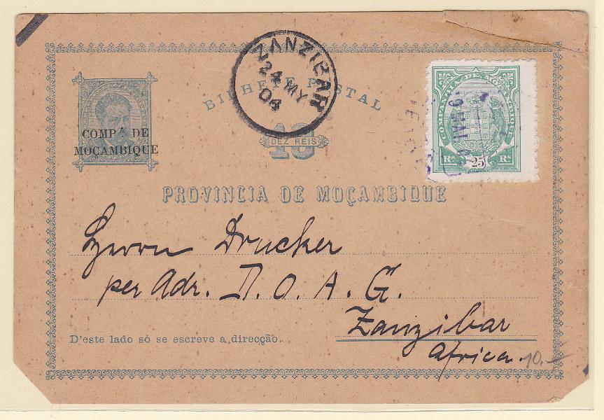 0330.jpg -     Lote:    330            Companhia de Moçambique       Descrição:         1892 &mdash; D. Luís I. Inteiros de Moçambique com a sobrecarga horizontal "COMP.ª DE MOÇAMBIQUE. OM1, 10 reis azul. Circulado da Beira (19.05.04) para Zanzibar (24.05.04), com selo adicional de 25 reis tipo Elefante. Alguns defeitos mas MR.        IC       Valor Base:     &euro; 30,00     Valor Venda:     Retirado     