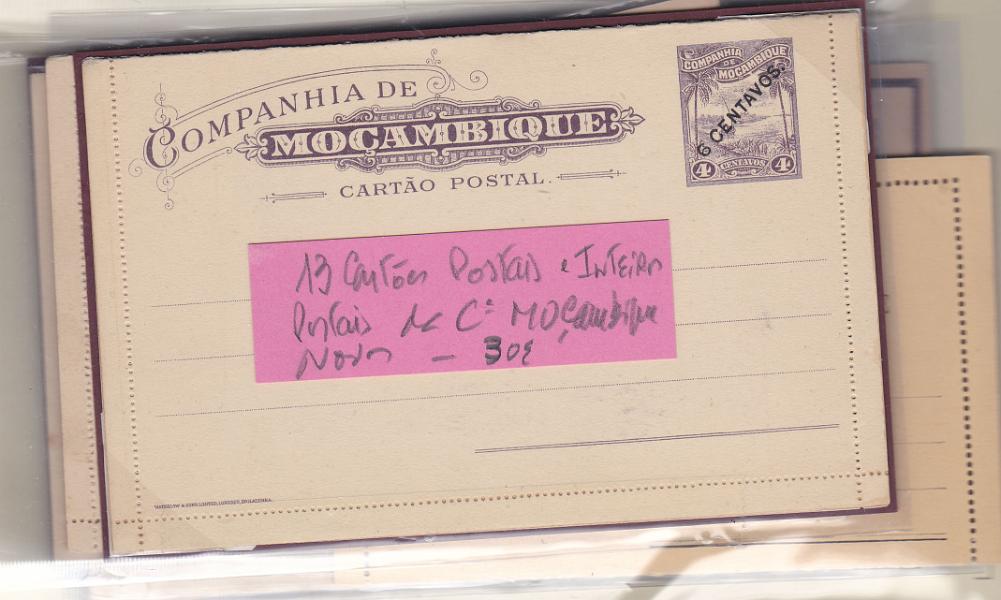 0332.jpg -     Lote:    332            Companhia de Moçambique       Descrição:         Companhia de Moçambique. Lote com 13 cartões postais: OM1, OM2, OM4, OM6, OM10B, OM31, OM36, 2 &frac12; s/ 2C (NC), 6C s/ 4C (NC) + Bilhetes-carta OM1C, OM11, OM12, OM13, OM14.        Lote       Valor Base:     &euro; 25,00     Valor Venda:     &euro; 25,00       