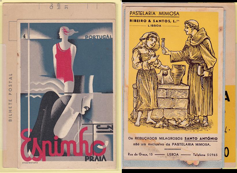 0370.jpg -     Lote:    370                   Descrição:         Publicitários. Lote de quatro postais ilustrados: "Espinho / Praia", "Uva de mesa.... Rainha da Mesa", "PASTELARIA MIMOSA" E "Inválidos do Comércio". Lote a ver.        PI       Valor Base:     &euro; 15,00     Valor Venda:     &euro; 24,00       