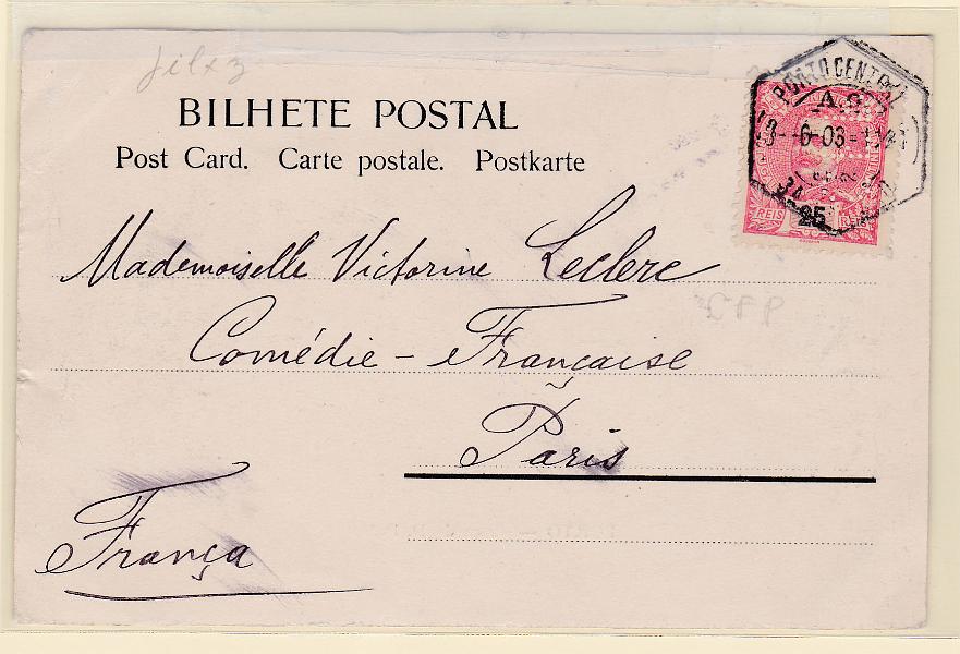 0377.jpg -     Lote:    377                   Descrição:         Perfurados &mdash; 1898 &mdash; D. Carlos I Mouchon. CE141, 25 reis carmim em postal ilustrado circulado do Porto (03.06.03) para França. Selo com perfuração "C.F.P. &mdash; CREDIT FRANCO.PORTUGAIS".        PI       Valor Base:     &euro; 8,00     Valor Venda:     &euro; 8,00       