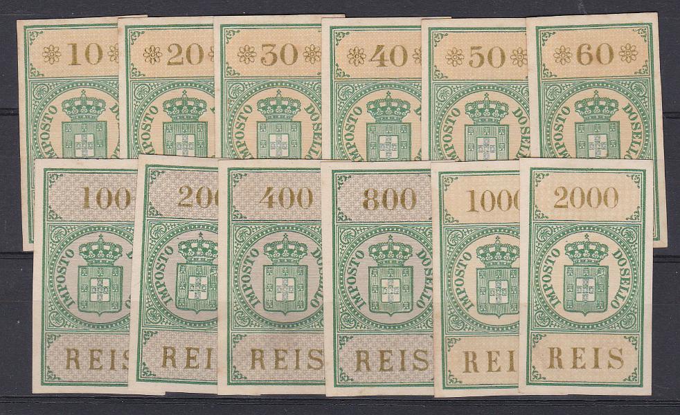 0387.jpg -     Lote:    387      Fiscais              Descrição:         Fiscais. África * 1876 &mdash; "Brasão Real".Série completa de 10 a 2$000 reis, PB 33/44, novos. Valor de catálogo &euro; 160,00.        *       Valor Base:     &euro; 15,00     Valor Venda:     &euro; 26,00       