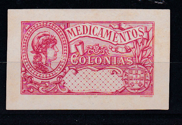 0390.jpg -     Lote:    390      Fiscais              Descrição:         Fiscais. Ultramar. África / Angola / Índia / Macau. MEDICAMENTOS. Emissão "COLONIAS" &mdash; 1917. Prova de cor vermelha, não denteada, valor omisso.         PRV       Valor Base:     &euro; 12,00     Valor Venda:     &euro; 15,00       