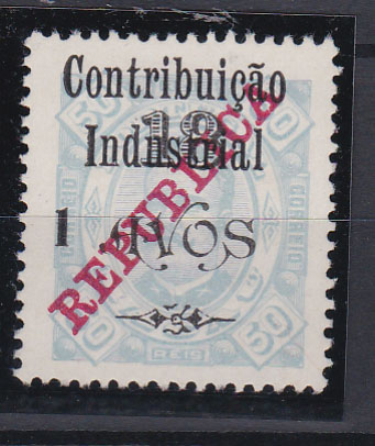 0398.jpg -     Lote:    398      Fiscais              Descrição:         Fiscais. Macau. 1920 &mdash; D. Carlos I com sobrecarga "Contribuição Industrial" e sobretaxa 1 avo s/18 avos s/50 reis, denteado 13 &frac12;, PB 147.        *       Valor Base:     &euro; 10,00     Valor Venda:     &euro; 32,00       