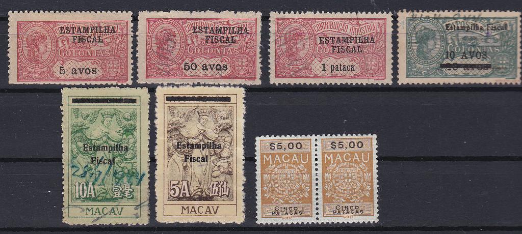 0400.jpg -     Lote:    400      Fiscais              Descrição:         Fiscais. Macau. 1932/42 -Lote com 8 estampilhas fiscais do Imposto de Selo com sobrecargas e sobretaxas diversas: 5 avos, 50 avos, 1 Pataca, 10 s/20 avos 5 avos, 10 avos e 5 P (par), PB 276, 281, 282, 287, 322, 324 e 346.        */O       Valor Base:     &euro; 5,00     Valor Venda:     &euro; 22,00       