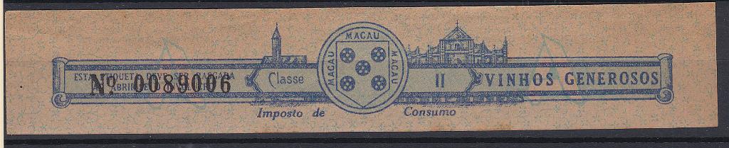 0406.jpg -     Lote:    406      Fiscais              Descrição:         Fiscais. Macau. 1950 &mdash; Bebidas. Classe II. Vinhos Generosos "AA". Não catalogado. MR.        *       Valor Base:     &euro; 10,00     Valor Venda:     Retirado     