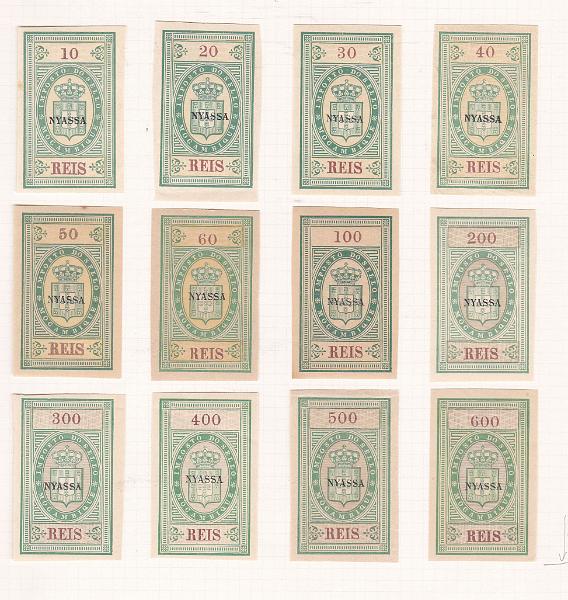 0413.jpg -     Lote:    413      Fiscais              Descrição:         Fiscais. Companhia do Niassa. 1904 &mdash;Selos fiscais de Moçambique com sobrecarga "Nyassa". PB 1/12, 10 a 600 reis..        *       Valor Base:     &euro; 10,00     Valor Venda:     Retirado     