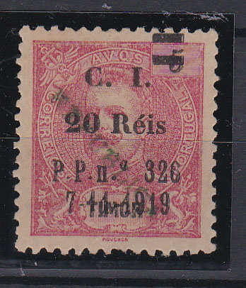 0414.jpg -     Lote:    414      Fiscais              Descrição:         Fiscais. Timor. 1920 &mdash; D. Carlos I, com sobrecarga Republica local e nova sobretaxa "20 reis" e sobrecarga "C. I. / P.P. n.º 326 / 7.11.1919". Não catalogado. MR.        *       Valor Base:     &euro; 15,00     Valor Venda:     &euro; 15,00       