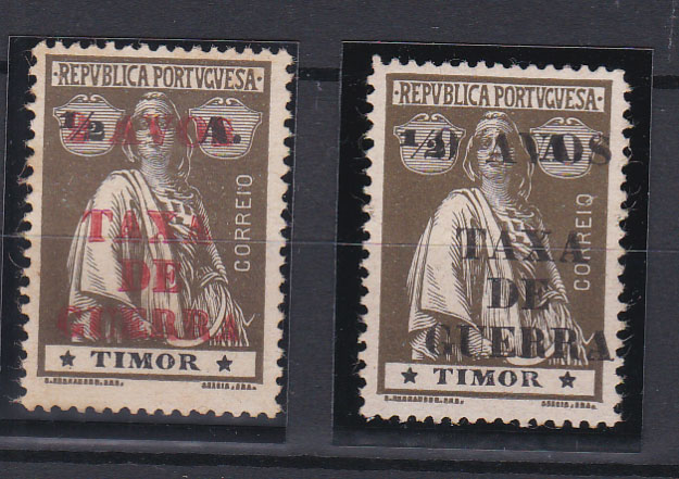 0419.jpg -     Lote:    419      Fiscais              Descrição:         Fiscais. Timor. 1919 &mdash; Ceres, com sobrecarga vermelha "Taxa de Guerra" e "2 avos s/ &frac12; avo" + selo com sobrecarga a preto "Taxa de Guerra" e 9 avos s/ &frac12; avo. MR.        *       Valor Base:     &euro; 15,00     Valor Venda:     &euro; 24,00       