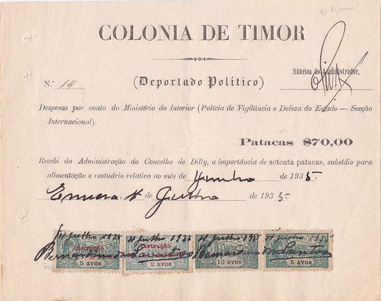 0420.jpg -     Lote:    420      Fiscais              Descrição:         Fiscais. Timor. 3 recibos de "Depostado Político" (04.06.1935), "Deportado Social" (20.06.35) e "Presos Civis", Vadios e Cadastrados (31.07.36), com I.S.: Macau 5 avos, 10 avos (2) e 20 avos, PB 228, 230, 234 e Timor I.S de 5 s/ 30 avos PB174 e Assistência 10 avos PB10 e "Instrução" de 2 e 5 avos PB &frac12;.        Lote       Valor Base:     &euro; 9,00     Valor Venda:     &euro; 16,00       