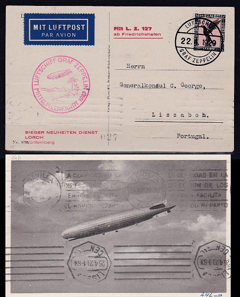 0421.jpg -     Lote:    421      Correio Aéreo             Descrição:         1929 (22.04) &mdash; Ligação GrafZeppelin Europa-América. Postal ilustrado remetido pelo LZ127 da Alemanha (22.04.29) para Lisboa (25.04.29) com trânsito por Sevilha (24.04.29). Trajecto Alemanha &mdash; Sevilha pelo dirigível. Carimbo alusivo à efeméride batido a vermelho.        Aéreo       Valor Base:     &euro; 80,00     Valor Venda:     &euro; 120,00       