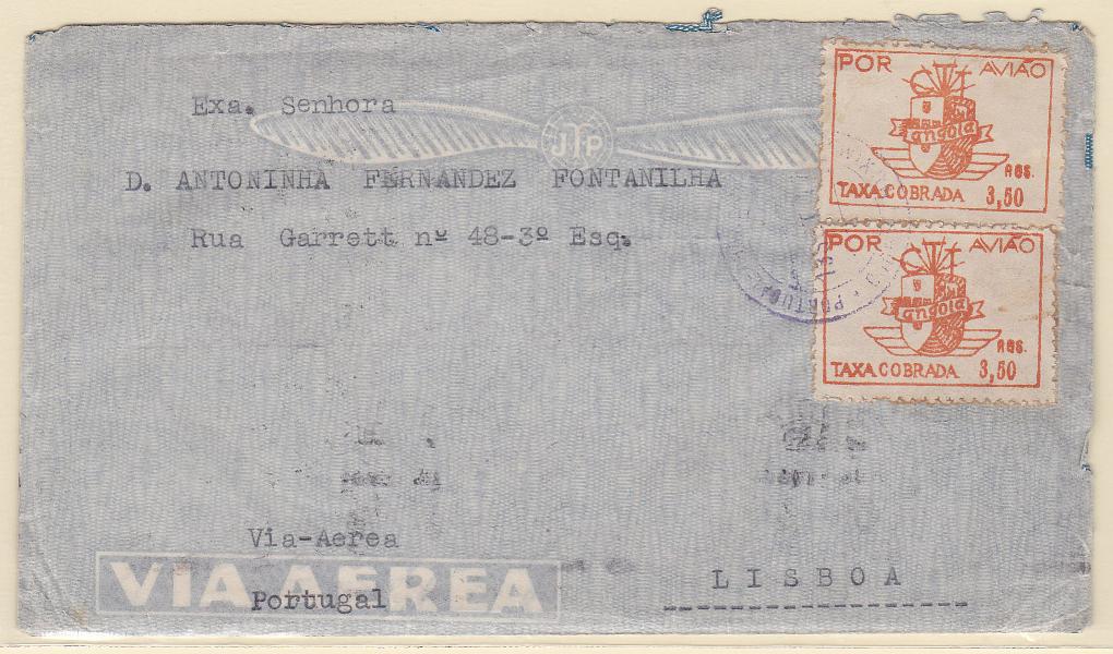 0431.jpg -     Lote:    431      Correio Aéreo             Descrição:         1947 &mdash; Emblema dos CTT de Angola. Sobrescrito circulado de Muxima (13.09.47) para Lisboa (19.09.47) com trânsito por Luanda (15.09.47), com dois selos de 3,50 Ags (2.º porte), CE CA13. MB.        Aéreo       Valor Base:     &euro; 20,00     Valor Venda:     Retirado     