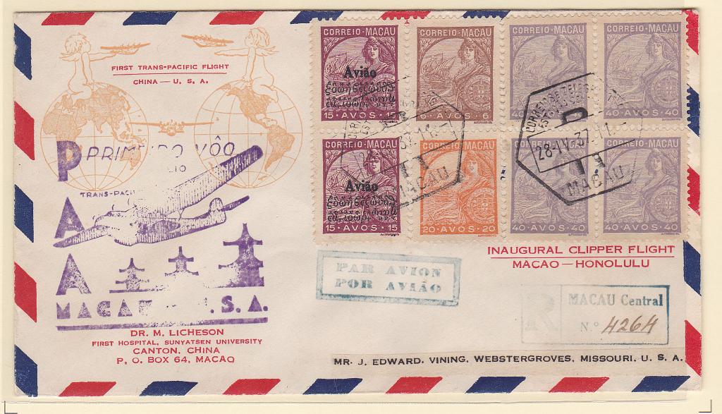 0438.jpg -     Lote:    438      Correio Aéreo             Descrição:         1937 (28.04) &mdash; 1.º Voo Macau &mdash; USA. Sobrescrito circulado por via aérea de Macau (28.04.37) para Missouri (17.05.37) com trânsito por Honolulu (02.05.37) com selos de 6, 20 e quadra de 40 avos CE274, 281 e 283 + correio aéreo de 15 avos (par) CE CA6. Segundo selo de 15 avos com a variante III        Aéreo       Valor Base:     &euro; 25,00     Valor Venda:     Retirado     