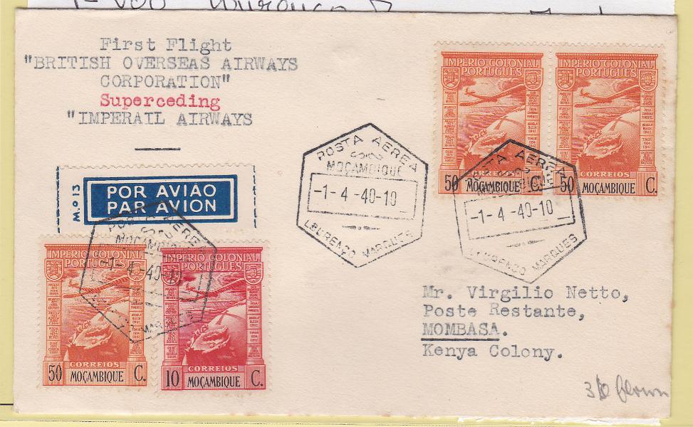 0453.jpg -     Lote:    453      Correio Aéreo             Descrição:         1940 (01.04) &mdash; 1.º Voo L. Marques &mdash; Mombassa * Quénia pela BOAC. Sobrescrito circulado de L. Marques (01.04.40) para Mombassa (08.04.40), Apenas 36 cartas transportada.        Aéreo       Valor Base:     &euro; 100,00     Valor Venda:     Retirado     