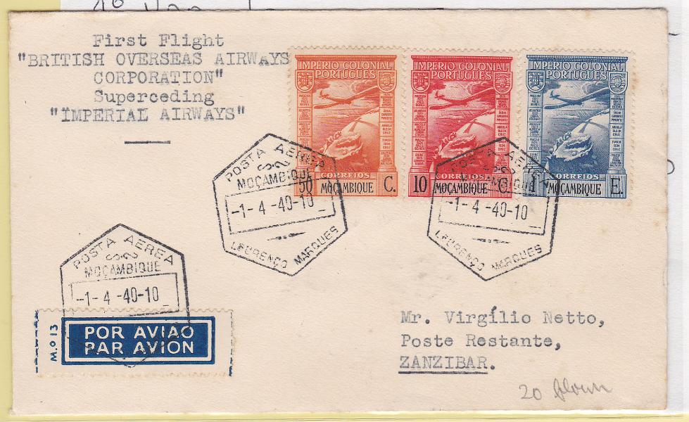 0455.jpg -     Lote:    455      Correio Aéreo             Descrição:         1940 (01.04) &mdash; 1.º Voo L. Marques &mdash; Zanzibar pela BOAC. Sobrescrito circulado de L. Marques (01.04.40) para Zanzibar (08.04.40), Apenas 20 cartas transportada.        Aéreo       Valor Base:     &euro; 100,00     Valor Venda:     Retirado     