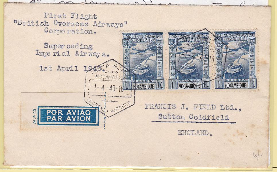 0457.jpg -     Lote:    457      Correio Aéreo             Descrição:         1940 (01.04) &mdash; 1.º Voo L. Marques &mdash; Inglaterra pela BOAC. Sobrescrito circulado de L. Marques (01.04.40) para Inglaterra.        Aéreo       Valor Base:     &euro; 50,00     Valor Venda:     Retirado     