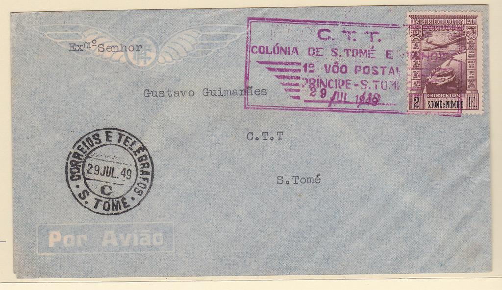 0462.jpg -     Lote:    462      Correio Aéreo             Descrição:         1949 (29.07) &mdash; 1.º Voo Postal Príncipe &mdash; S. Tomé. Sobrescrito circulado do Prícipe (29.07.49) para S. Tomé, com selo de 2E CE CA14. Carimbo comemorativo a magenta "C.T.T. / COLÓNIA DE S. TOMÉ E PRÍNCIPE / 1.º VOO POSTAL / PRÍNCIPE &mdash; S. TOMÉ / 26 JUL 49".        Aéreo       Valor Base:     &euro; 40,00     Valor Venda:     Retirado     