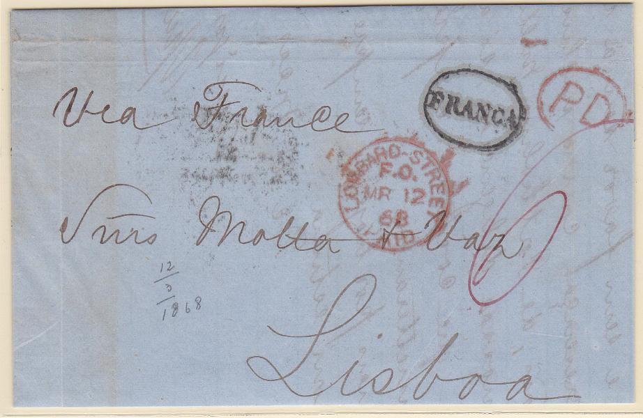 0463.jpg -     Lote:    463      Correio Marítimo             Descrição:         Correio marítimo. Carta remetida de Londres (12.05.68) para Lisboa (17.05.68), via de França, isenta de porte português, porte pago na origem "PD" (vermelho).        Carta       Valor Base:     &euro; 15,00     Valor Venda:     Retirado     