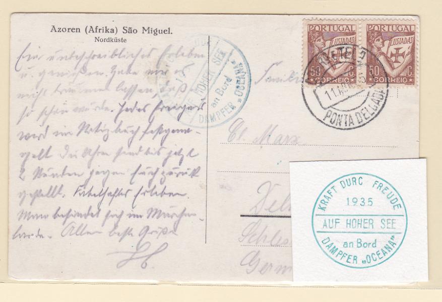 0470.jpg -     Lote:    470      Correio Marítimo             Descrição:         Correio marítimo * 1931 &mdash; Lusíadas. Correio de bordo. Postal ilustrado lançado a bordo do Paquete "OCEANA" com dois selos de 50c CE522, circulado de Ponta Delgada (11.04.35) para a Alemanha. Carimbo de bordo do paquete batido a verde "KRAFT DURC FREUDE / 1935 / AUF HOHER SEE / AND BORD / DANPFER "OCEANA" MB e R.        Carta       Valor Base:     &euro; 25,00     Valor Venda:     Retirado     